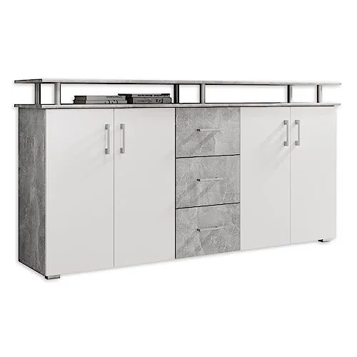 LIFT Highboard in Beton Optik und Weiß - Moderner Wohnzimmerschrank mit Stauraum - Kommoden & Sideboards - Stilvolles Highboard mit drei geräumigen Schubladen und zusätzlicher Ablagefläche, ideal für Wohnzimmer, Schlafzimmer oder Eingangsbereich.