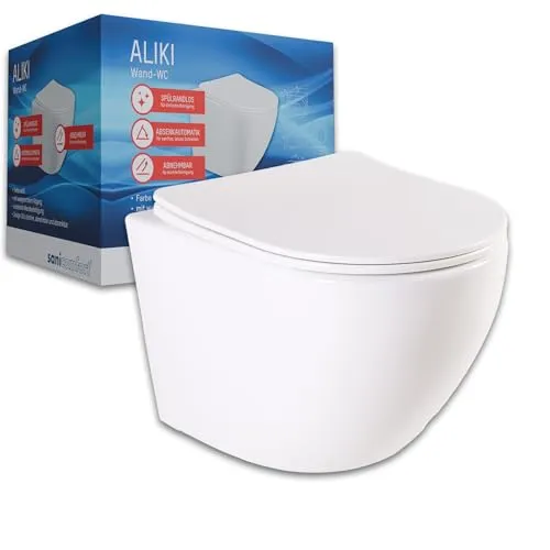 Sanicomfort Wand WC Set 'Aliki' spülrandlos weiß inkl. WC-Sitz - Sanitäranlagen & Zubehör – Spülrandloses Design für einfache Reinigung und hohe Hygiene. Inkl. WC-Sitz mit Absenkautomatik für leises Schließen. Ideal für platzsparende Badezimmer.