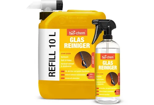 bio-chem Glasreiniger 750ml – streifenfrei & sanft – bio-chem Glasreiniger (Glasreiniger 10 l Kanister + 0.75 l Handsprayflasche + Ablasshahn)