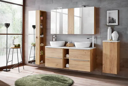 Badmöbel Set 11-tlg PERUGIA in Gold Eiche - Badmöbelsets für Erwachsene, modernes Design mit 11 Teilen, inklusive Waschtisch - ideal für stilvolle Badezimmergestaltungen.