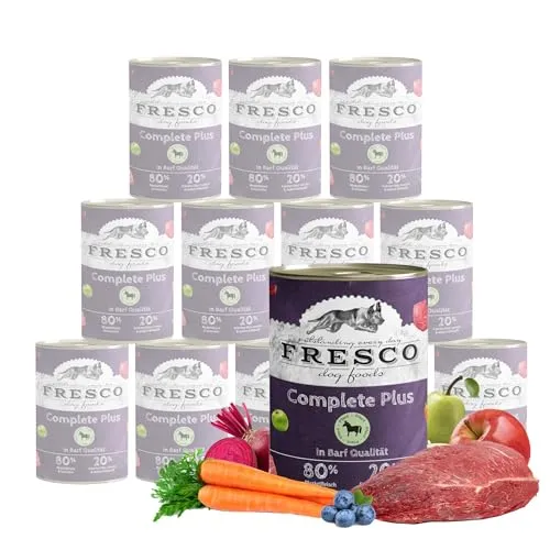FRESCO Complete Plus Pferd - Premium Hundenassfutter 400 g (12 Stück) - Hochwertiges Hundefutter mit 28% frischem Pferdefleisch, dampfgegart für besten Geschmack. Ideal für empfindliche Hunde, hypoallergen und fettarm. Enthält wertvolle Nährstoffe für ein aktives Hundeleben.