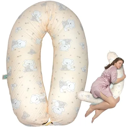 sei Design XXL Stillkissen 190x30 mit Musselin-Bezug ergonomisch, Schwangerschaftskissen Seitenschläferkissen Komfortkissen für Erwachsene, Stillkissenbezug aus 100% Baumwolle [ Bio-Baumwolle ]