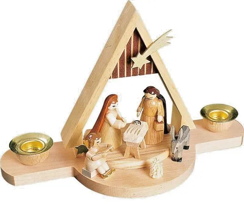 Richard Glaesser Krippe Kerzenhalter Heilige Familie - Weihnachtskrippen, handgefertigter Kerzenhalter aus Holz mit 2 Halterungen, Höhe 11 cm – traditionelles Kunstwerk aus dem Erzgebirge.
