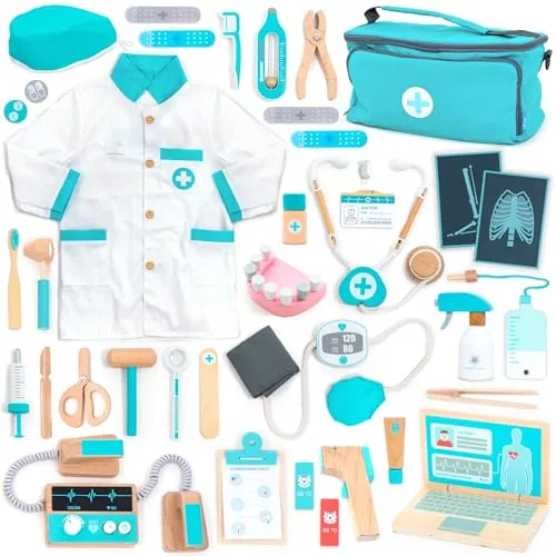 UMU® Deluxe Holz Arztkoffer Kinder Spielset mit Stethoskop, Arztkittel, Laptop, Zahnarzt Zubehör und mehr, Doktorkoffer Spielzeug zum Rollenspiel, 37-TLG. Medizinische Kit für Kinder ab 3, 4, 5 Jahre