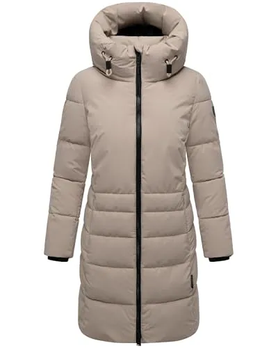 Navahoo Damen Langer Wintermantel warmer Steppmantel mit hohem Kragen und zur Hälfte kuscheligem Fleece-Innenfutter Mondnebel XIV Light Taupe Gr. XS