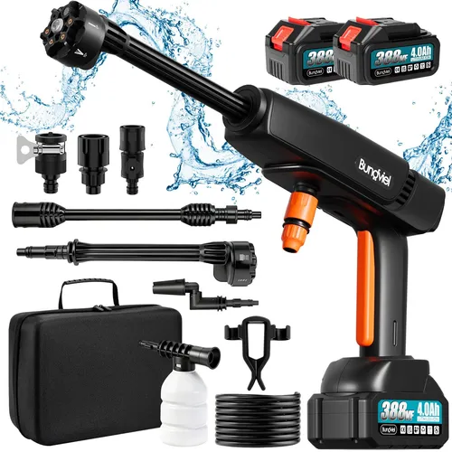 Akku Hochdruckreiniger mit Bürstenlosem Motor und 6-in-1 Düse - Leistungsstarker Hochdruckreiniger mit 180 Bar Druck und 4,9 l/min Wasserfluss. Inklusive 2 Akkus für bis zu 50 Minuten Laufzeit und vielseitiger 6-in-1 Düse für verschiedene Reinigungsbedürfnisse.