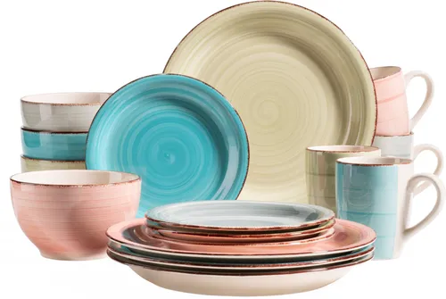 MÄSER Kombiservice 16-tlg. Serie LUMACA, 4-farbig - Vintage-Look aus handgefertigtem Steingut, mikrowellengeeignet und spülmaschinenfest. Gestalten Sie Ihr persönliches Kombiservice mit vielfältigen Farben und Mustern für besondere Esserlebnisse.