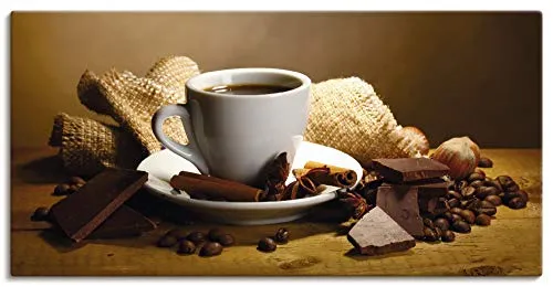 ARTLAND Wanddeko Leinwand Bilder Wandbild 60x30 cm Kaffee Cafe Coffee Kaffeetasse Zimtstange Nüsse Schokolade S7PK