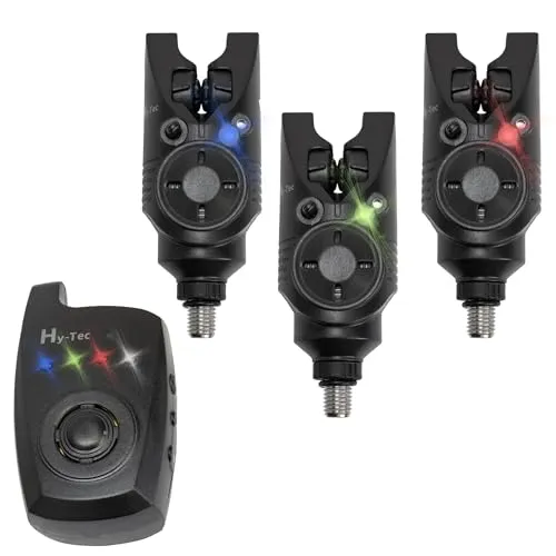 BAT-Tackle Funkbissanzeiger Set Hy-Tec System 3+1 im Koffer - Bissanzeiger Set mit 3 Funkbissanzeigern und Empfänger, inklusive praktischem Transportkoffer. Mit 20 Sekunden Nachleuchtefunktion und einstellbarer Lautstärke für ein optimales Angelerlebnis.