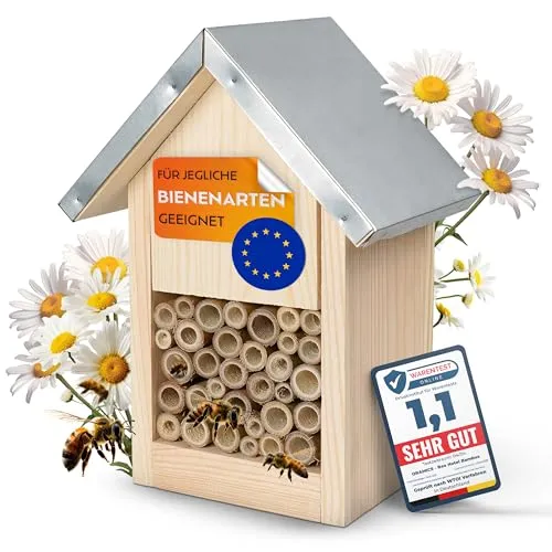 Oramics Bienenhotel mit Bambusröhrchen für Insekten, Bienen, Hummeln und Wildbienen – Insektenhotel mit Metalldach – Wildbienenhotel als Nisthilfe für Wildbienen inklusive Bambus Nisthülsen