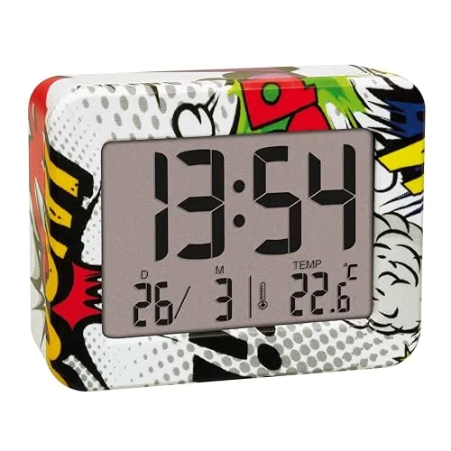 TFA Dostmann Mini Wecker Comic Teenager, 60.2044.40, mit Innenthermometer, batteriebetrieben, Weckalarm und Datum, Quarzuhr, Reisewecker, klein
