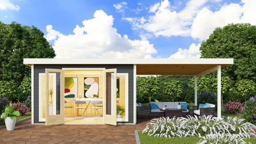 Karibu Gartenhaus Gerätehaus Radeburg 3 im Set 3,3 m Anbaudach terragrau 665x369x229,5 cm