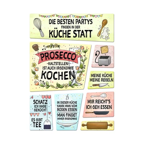 Küchen Kühlschrankmagnete 8er Set mit Thema Kochen im handgemalten Stil Koch Tee