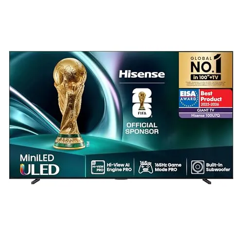 Hisense 100U7Q 100 Zoll Fernseher - 4K Mini LED ULED Smart TV mit Hi-View AI Engine Pro, 165Hz Game Mode Ultra und eingebautem Subwoofer für beeindruckende Bild- und Klangqualität.