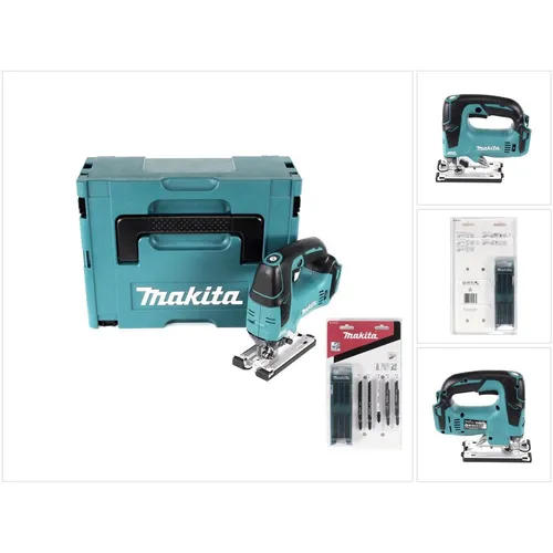 Makita DJV 182 ZJ Akku Stichsäge 18 V mit 10 tlg. Blatt Set - Stichsäge mit 18 V Akku-Technologie und bürstenlosem Motor, ideal für präzises Schneiden in Holz, Kunststoff und Metall. Inklusive praktischer Makpac Aufbewahrung.