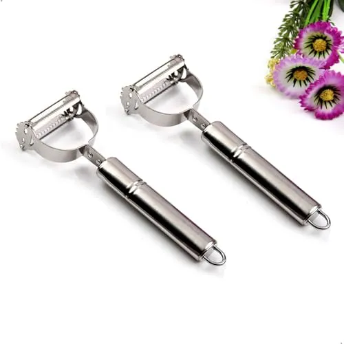 2-in-1 Edelstahl Schäler und Julienneschneider - Innovativer Schäler für Obst und Gemüse, ideal für perfekte Spaghetti aus Zucchini und gleichmäßige Streifen. Ergonomischer Griff, scharfe Klinge und einfach zu reinigen.