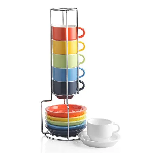 Sweejar Home Porzellan-Espresso-Tassen und Untertasse, stapelbar, mit Metallständer, 70 ml für Latte, Kaffee, Café, Mokka, Tee, 6 Stück mehrfarbig