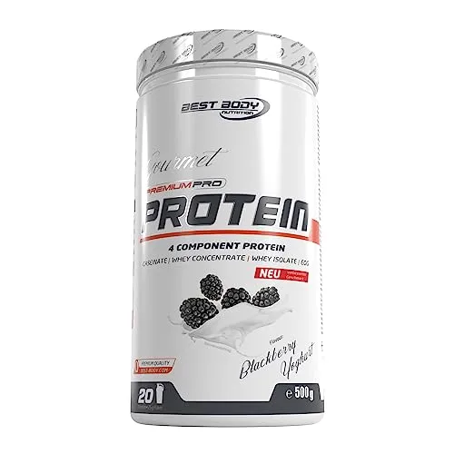 Best Body Nutrition Gourmet Premium Pro Protein - Blackberry Yoghurt, 500 g - Mehrkomponenten Proteine mit 80% Proteinanteil für Muskelaufbau und -erhalt. Perfekte Löslichkeit in Milch und Wasser, ideal für Zuhause.