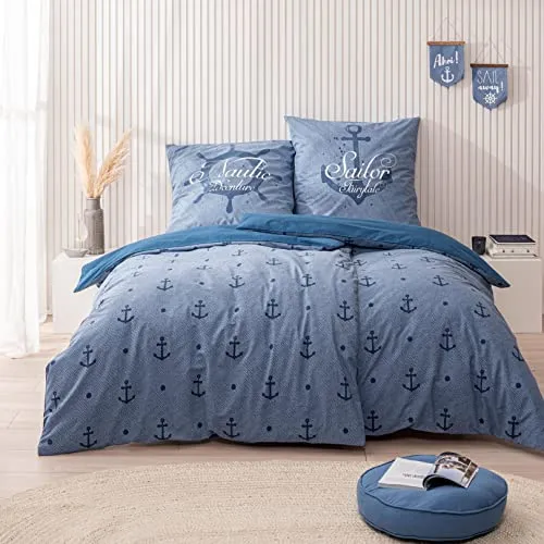MTOnlinehandel TRAUMHELDEN Anker Bettwäsche 135x200 + 80x80 cm - Maritime Eleganz für Ihr Schlafzimmer - Bettwäsche-Set 2-teilig aus 100% Baumwolle in Renforce-Qualität, ideal für ganzjähriges Wohlfühlen. Zeitloses maritimes Design mit Anker-Motiv in Blautönen.