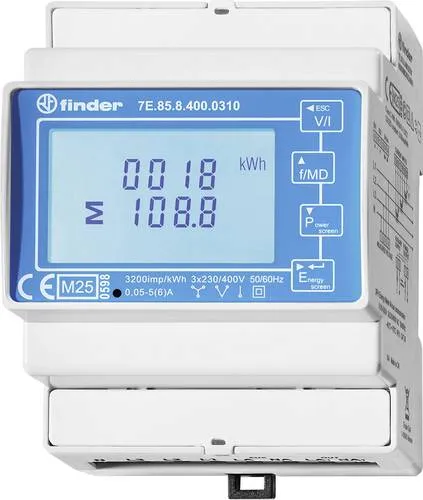 Finder 7E.85.8.400.0310 Energiezähler digital - Dreiphasen Multifunktions Eintarif-Energiezähler mit M-Bus, ideal für präzise Energiemanagement-Anwendungen. Zeigt Momentanwerte und Gesamtverbrauch an, programmierbar für individuelle Bedürfnisse.