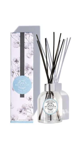 Durance Diffuser Baumwollmoschus 225ml - Luftbefeuchter mit nostalgischem Duft, der schöne Erinnerungen weckt – eleganter Flakon mit silbernem Ring und acht Rattanstäbchen für ein harmonisches Ambiente.
