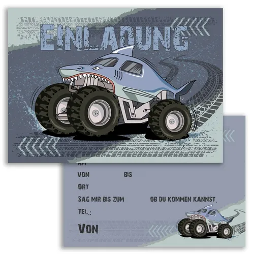 Kinder Einladungskarten Monster Truck Auto Hai 10