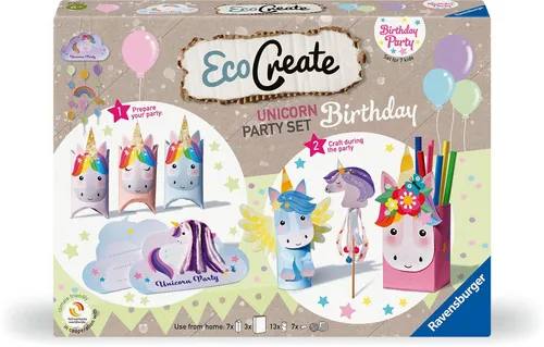 Ravensburger Kreativset Upcycling Basteln EcoCreate Maxi Geburtstags Box Einhorn 23675 - Basteln mit Spaß! Ideal für Kinder ab 6 Jahren, fördert Kreativität und Umweltbewusstsein durch Upcycling-Projekte.