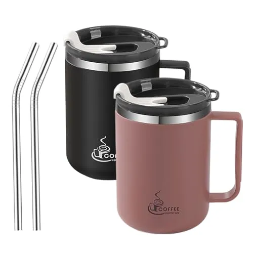 BAIFULAI 2er Set Edelstahl Isolierte Kaffeetasse: 430 ml Thermotasse mit Rutschfestem Griff und Schiebemoduldeckel, Wiederverwendbare Kaffeebecher für Outdoor und Camping(Bohnenrot+Schwarz)