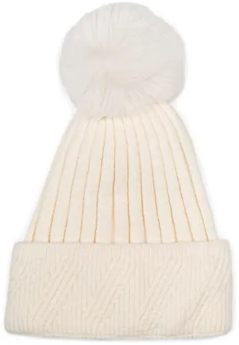 styleBREAKER Damen Strick Bommelmütze Einfarbig mit Rippen Muster und Fleece Futter, Winter Mütze, Strickmütze 04024198, Farbe:Creme-Weiß