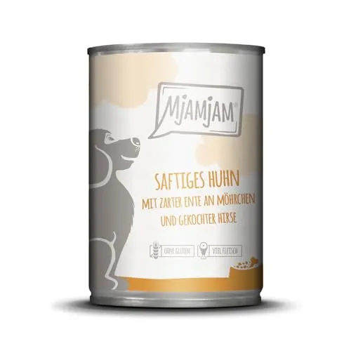 MjAMjAM - Premium Nassfutter für Hunde - saftiges Huhn mit zarter Ente an Möhrchen und gekochter Hirse, 1er Pack (1 x 400 g), getreidefrei mit extra viel Fleisch