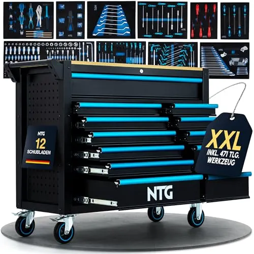 NTG Werkzeugwagen XXL – 471-tlg. bestückt – 12 Schubladen mit Holzarbeitsplatte, abschließbar, mobil auf Rollen – Profi Werkstattwagen aus Metall für Garage & Werkstatt