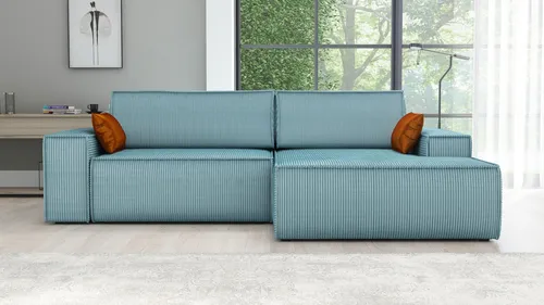 Ecksofa TOR mit Schlaffunktion in Lagoon-Blau - Das stilvolle Ecksofa TOR vereint Komfort und Funktionalität. Mit einer smarten Schlaffunktion verwandelt es sich mühelos in ein Bett. Der strapazierfähige Cord-Stoff sorgt für Langlebigkeit und ein modernes Ambiente.