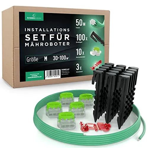 RASENWERK Begrenzungskabel Installationsset für Mähroboter - 100 Erdnägel mit patentierter Form - 10 Verbindungsklemmen - 50m Universal Begrenzungskabel für Rasenroboter - 3 Anschlussklemmen