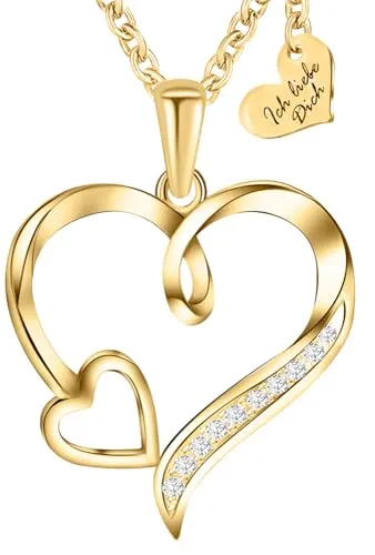 Limana Herzkette Silber 925 mit vergoldetem Herzanhänger für Damen - Elegante 925er Silberkette mit funkelnden Zirkonia-Steinen und zusätzlichem Herzanhänger. Perfekt als Geschenk für besondere Anlässe, geliefert in edlem Etui.