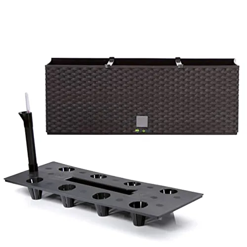 Pflanzkübel rechteckig Blumentopf Pflanzkasten 51,5 cm 17 L Umbra dunkel Braun Blumenbank in Rattan-Optik Rato Serie mit Bewässerungssystem