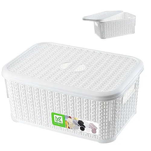 KADAX Aufbewahrungskorb mit Deckel, 6L, Aufbewahrungskiste aus Kunststoff, rechteckiger Korb für Aufbewahrung, Bad, Küche, Kinderzimmer, Aufbewahrungsbehälter, Aufbewahrungsbox (weiß)
