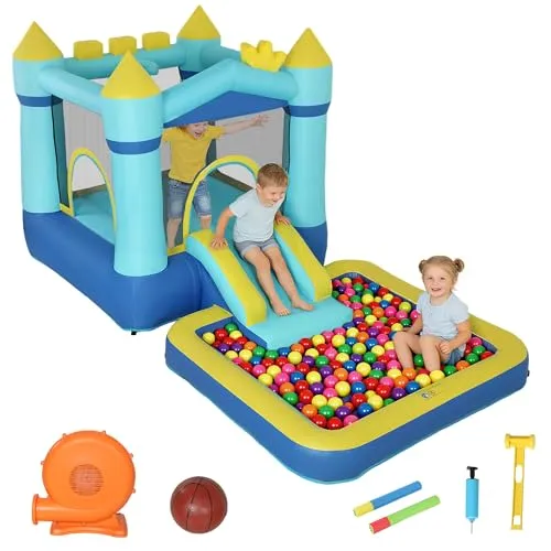 AIYAPLAY Hüpfburg mit Rutsche und Bällebad für Kinder - Aufblasbare Hüpfburg mit Rutsche, Bällebad und Basketballkorb. Ideal für drinnen und draußen. Spaß und Action für Kinder von 3-8 Jahren, inklusive Gebläse und Zubehör.
