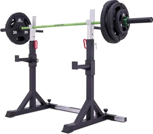 ATLETICA Free Stands Squat Rack | Höhenverstellbarer Kniebeugenständer - Hantelständer für Krafttraining, kompakt und leicht mit 33 kg, bis zu 250 kg belastbar, ideal für individuelles Training mit 11 Höhenverstellungen und stabiler Querstrebe.