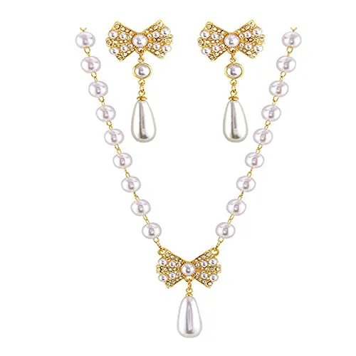 Perlen-Herz-Halsketten-Ohrringe-Sets Kristall Schmetterling Schleife Anhänger Halskette Faux Perle Französisch Strass Liebe Schleife Knoten Quasten Choker Halskette Schmuck für Frauen Mädchen (Gold B)