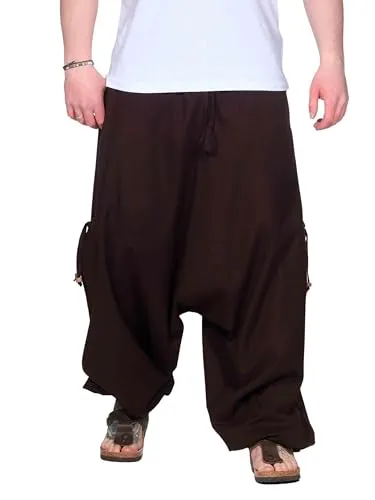 Kunst und Magie Herren Goa Haremshose 5XL - Braun - Bequeme Herren Haremshose aus 100 % Baumwolle, ideal für entspannte Tage. Mit dehnbarem Bund und stilvollen Ziernähte, ausgestattet mit praktischen Taschen. Fair produziert in Nepal.