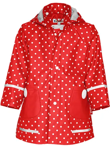 Playshoes Regenjacke Unisex Kinder, rot Punkte - Wasserdichter und winddichter Regenmantel für Mädchen, ideal für Spielen im Freien bei jedem Wetter, mit abnehmbarer Kapuze und reflektierenden Elementen für mehr Sicherheit.