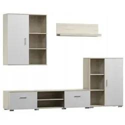 MATKAM Wohnwand Dedal 4-teilig - Sonoma-Weiß - Moderne Wohnwand aus 18 mm laminierten Platten, bietet viel Stauraum und pflegeleichte Oberflächen. Ideal für Wohnzimmer, Jugendzimmer oder Kinderzimmer.