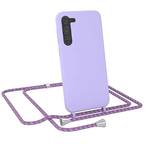 EAZY CASE - Handytasche zum Umhängen - kompatibel mit Samsung Galaxy S23 Plus Handy Schutzhülle mit Band, Necklace Hülle, farbig TPU Case, Lavendel Lila mit Schnur Unicorn Clips Silber