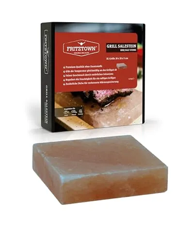 FRITZTOWN Deluxe Grill Salzstein - 20x20x5 cm - Salzstein für gesundes Grillen, extra stark für maximale Wärmespeicherung. Verstärkt das Aroma und hält Grillgut saftig und zart. Ideal für Fleisch, Fisch, Gemüse und mehr.