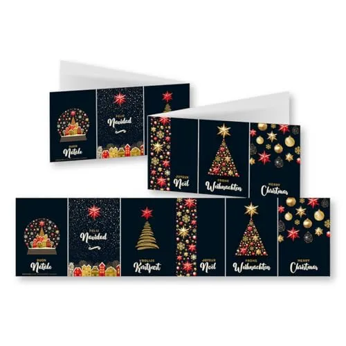 Edition Colibri 10 nostalgische Weihnachtskarten im Set mit Umschlag: DIN Lang (42 x 10,5 cm), Goldener Weihnachtsbaum, schwarz, gold mehrsprachig (11162)