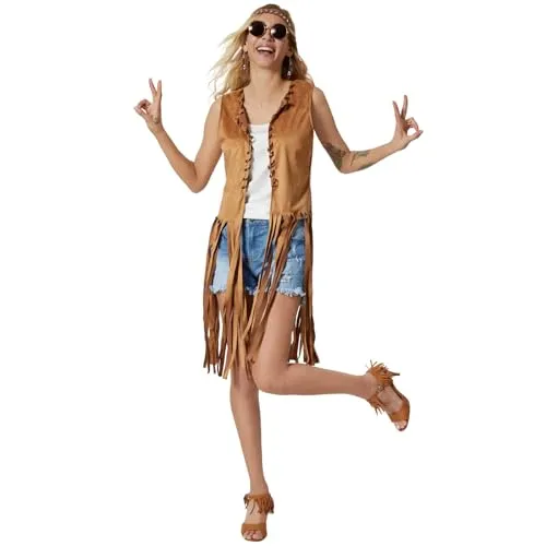 tectake® Damenkostüm Hippie Weste - Kostüme für ein unverwechselbares Hippie-Feeling! Die braune Weste bringt den entspannten Stil der 60er und 70er Jahre zurück und ist perfekt für Karneval oder Mottopartys.