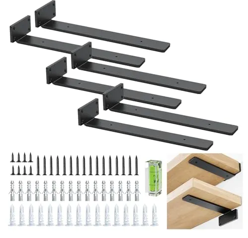 Schwimmende Regalhalterungen, 12 Inch, Schwarze Regalhalterung, Robust, Mit Schrauben, 90-Grad-Winkel, Metall-Regalwinkel Und -StÜtzen, Regalträger Mit Modernem Eisen-Finish - 6 Pack Schwarz