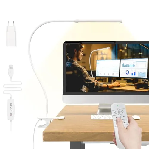 Mojimdo Schreibtischlampe 77 LED mit Fernbedienung [Beeindruckende Lichtleistung] 70CM Klemmlampe, 3 Farben & 10 Helligkeitsstufen, 360° Flexibel mit USB-Ladegerät