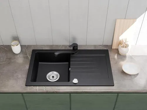 Faizee Granitspüle 75 x 44 cm Schwarz Gesprenkelt – inklusive Armatur Smart