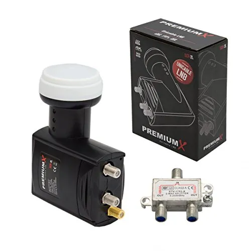 Premiumx Unicable LNB SCR 2 Legacy Einkabel System Unikabel 4 + 2 Teilnehmer FullHD 4K HDTV Ultra HD + Satverteiler 2-Fach Abzweiger